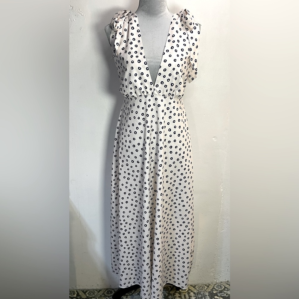 #0157 Cream/Blue Dot Printed Low Cut Sleeveless Maxi Tied Sash Bows @Shoulder